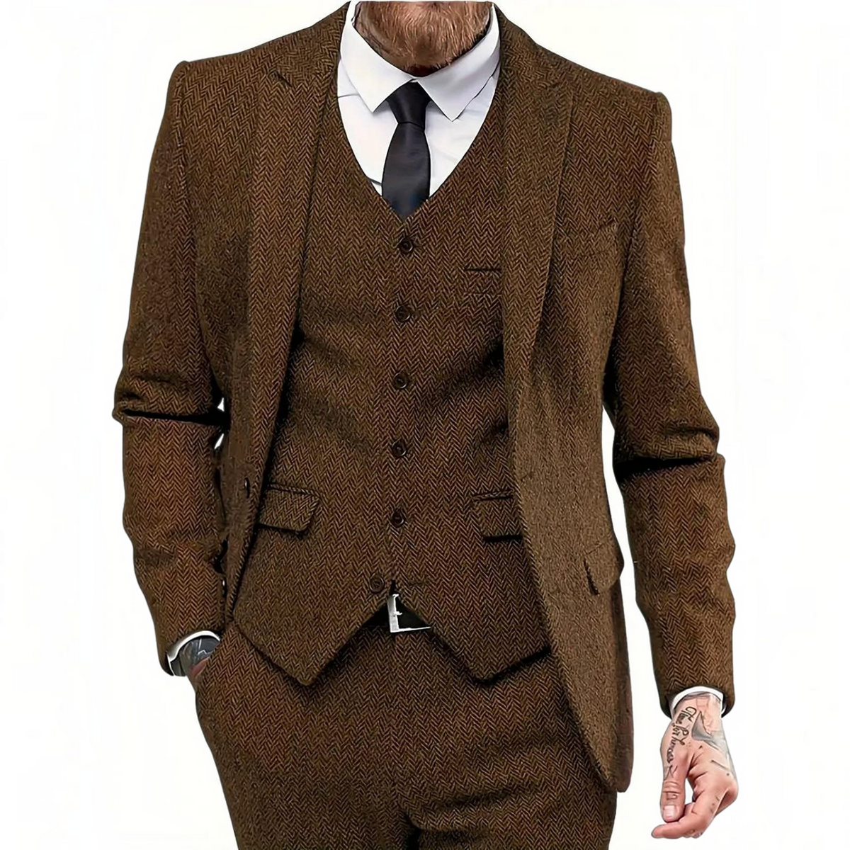 Men's 3 Piece Tweed Suit, Herringbone Blazer, Vest & Pants, Formal Business & Groom Outfit