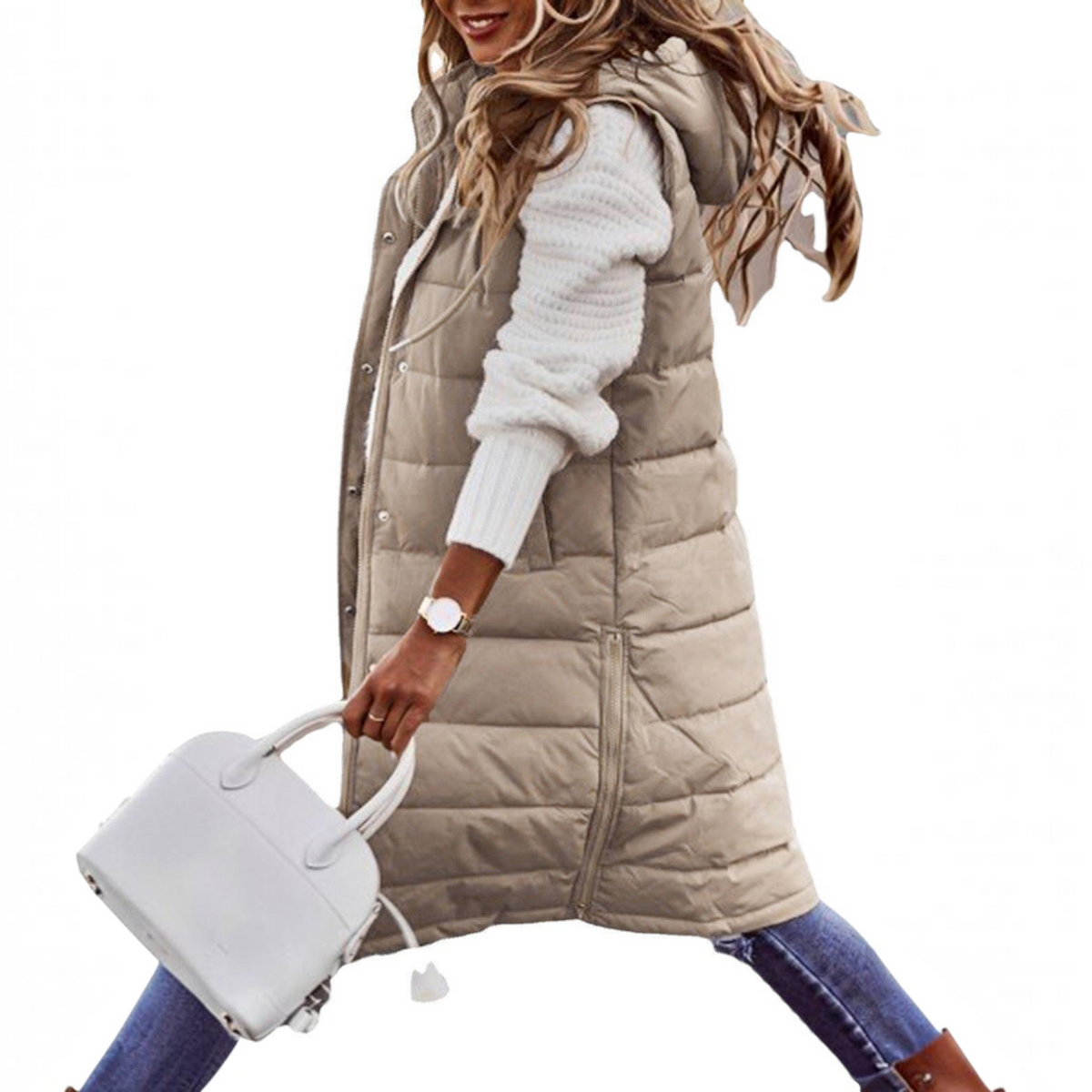 Womens Knee Length Puffer Vest, Hooded Quilted Zip Up Long Vest, Warm Winter Outerwear
