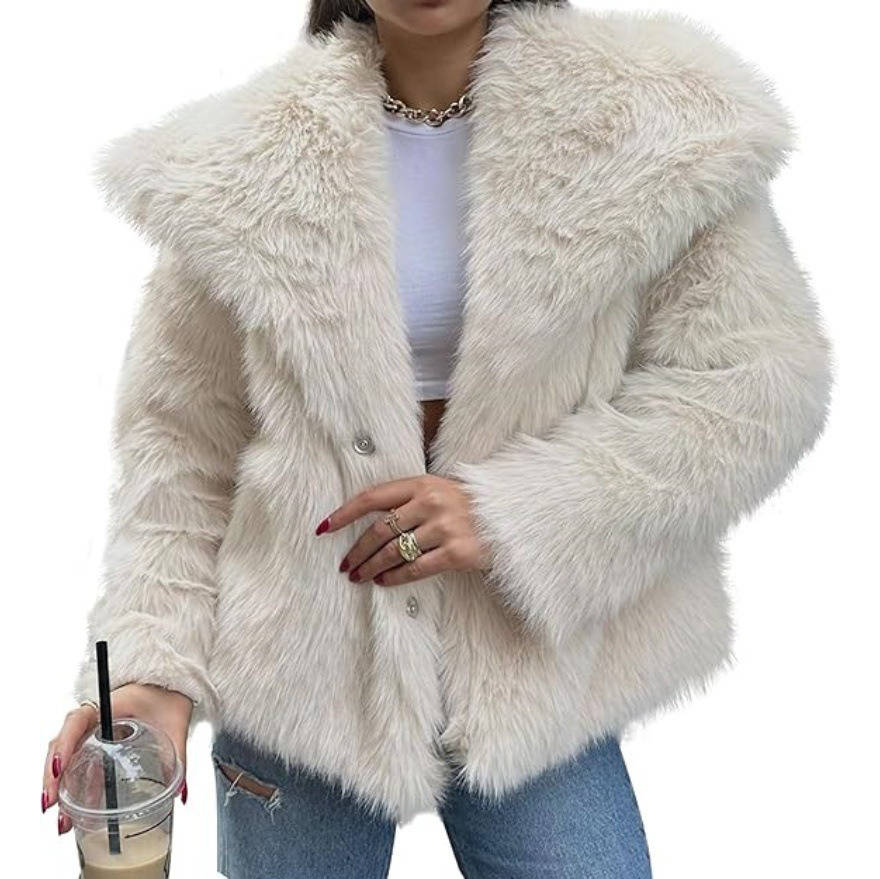 Womens Cropped Faux Fur Jacket, Fluffy Long Sleeve Winter Coat