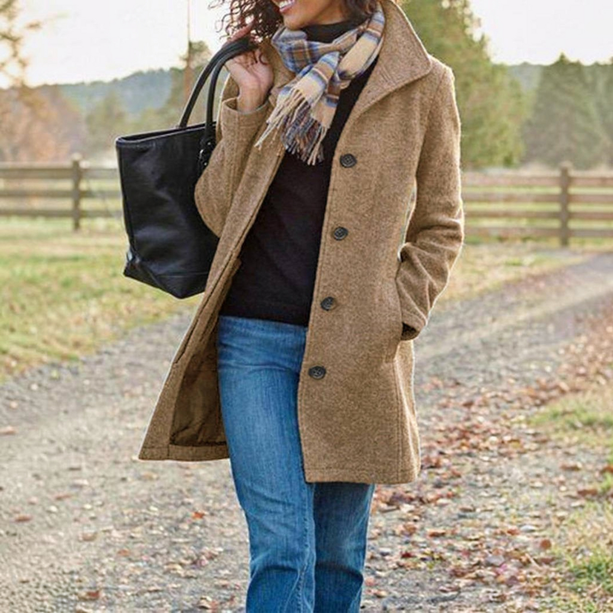 Womens Wool Blend Pea Coat, Thick Stand Collar, Single Breasted Winter Jacket
