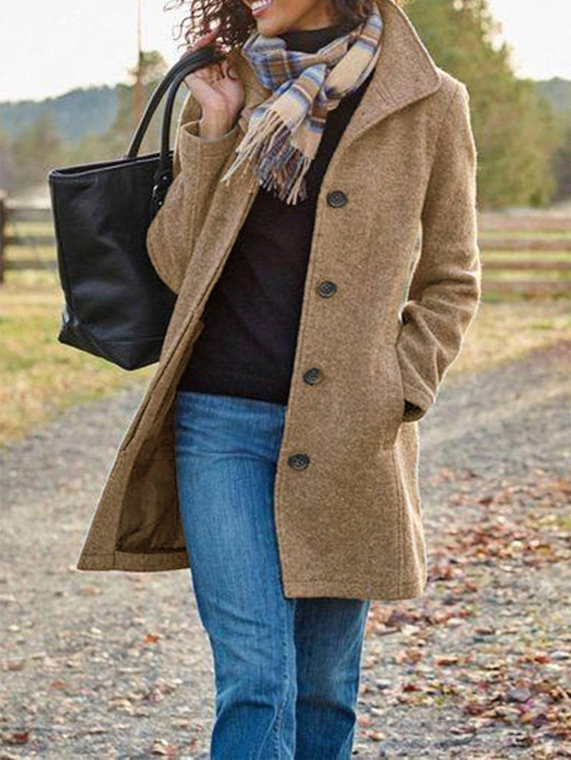 Women's Wool Blend Pea Coat, Thick Stand Collar, Single Breasted Winter Jacket