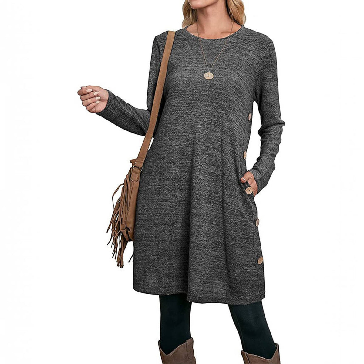 Womens Fall Dress, Crew Neck Long Sleeve Dress, Casual Midi Dress with Pockets