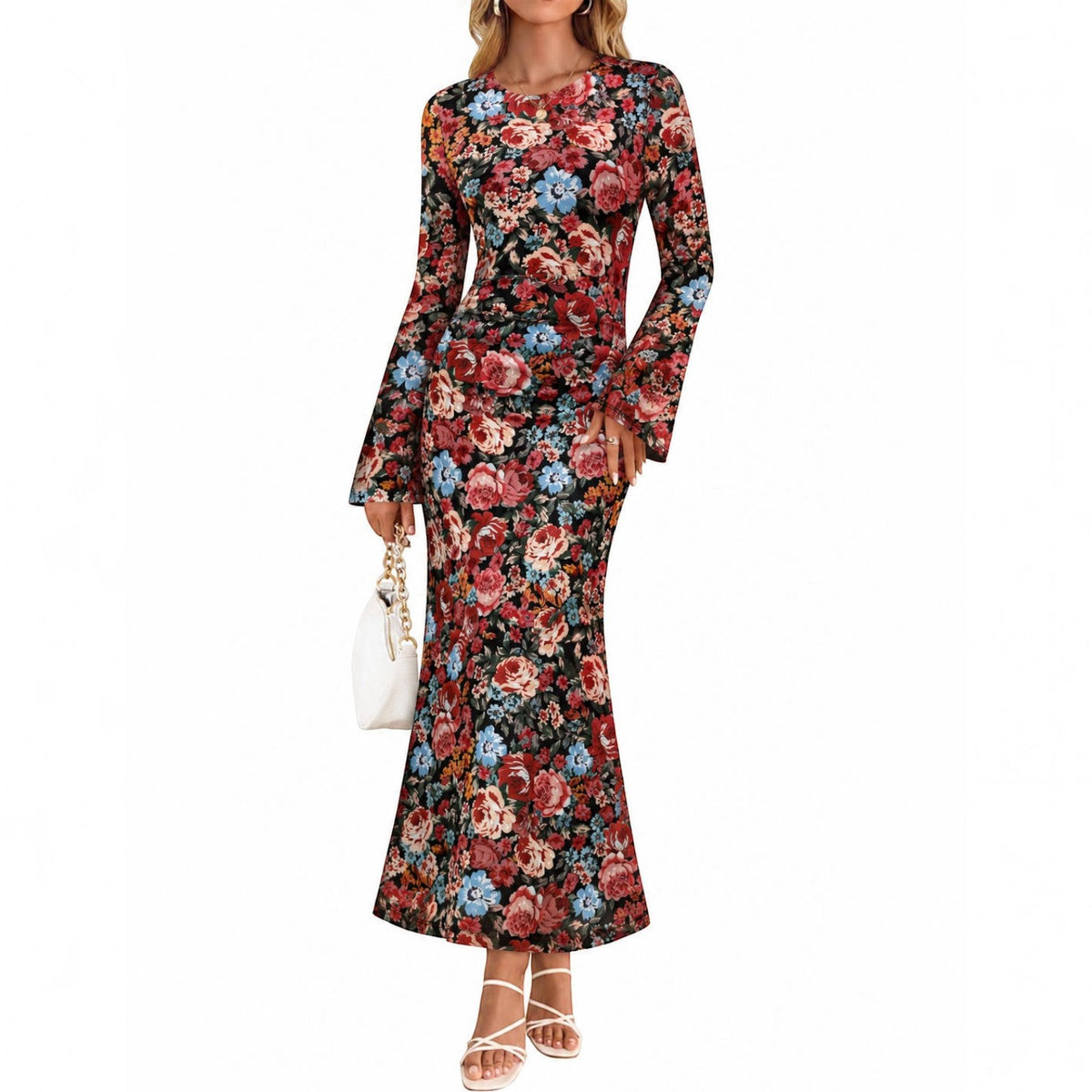 Womens Printed Maxi Dress, Long Sleeve Ruched Mesh Bodycon Dress, Elegant Fall Formal Dress