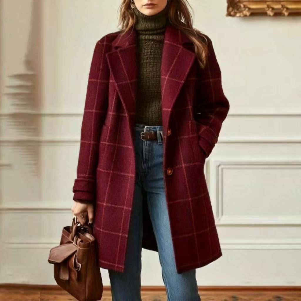 Women's Tweed Coat, Plaid Pattern, Retro Wool Coat with Lapel Collar