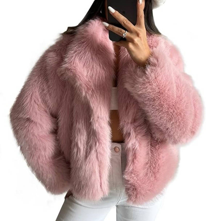 Womens Cropped Faux Fur Jacket, Fluffy Long Sleeve Winter Coat