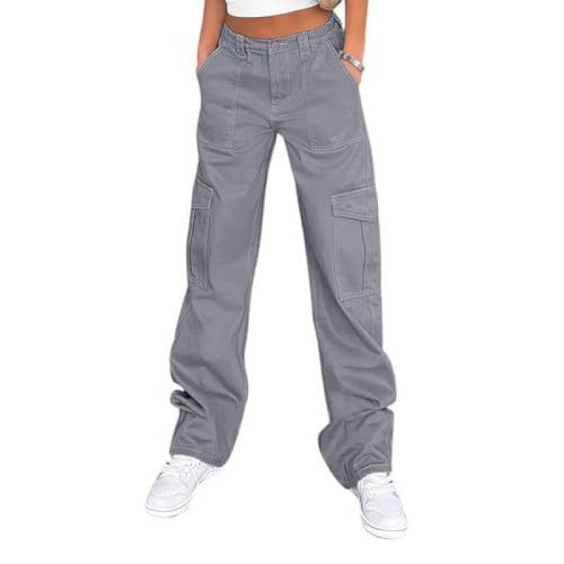 Womens Cargo Pants, High Waisted Wide Leg Baggy Pants, Stretchy Casual Y2K Streetwear with 6 Pockets