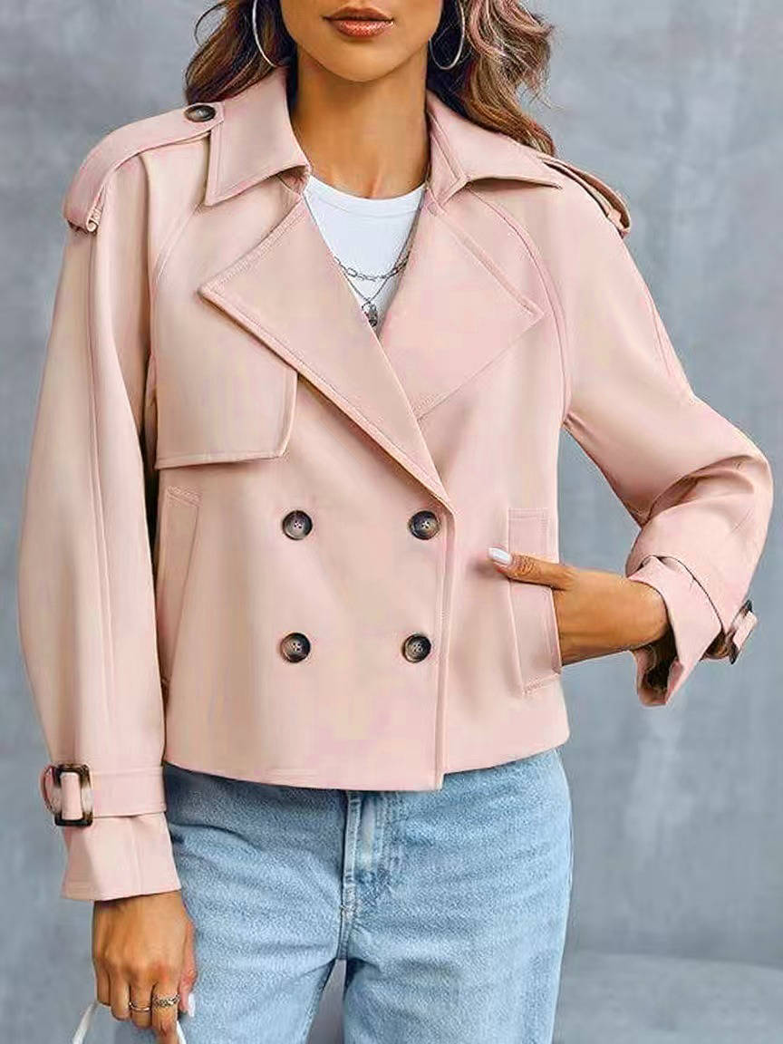 Womens Cropped Trench Coat, Double Breasted Short Jacket