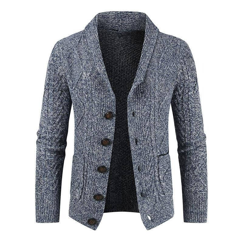 Mens Wool Blend Shawl Collar Cable Knit Cardigan Sweater, Button Front Long Sleeve with Pockets