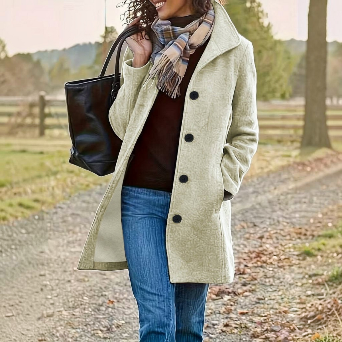 Womens Wool Blend Pea Coat, Thick Stand Collar, Single Breasted Winter Jacket