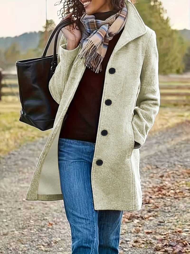 Women's Wool Blend Pea Coat, Thick Stand Collar, Single Breasted Winter Jacket