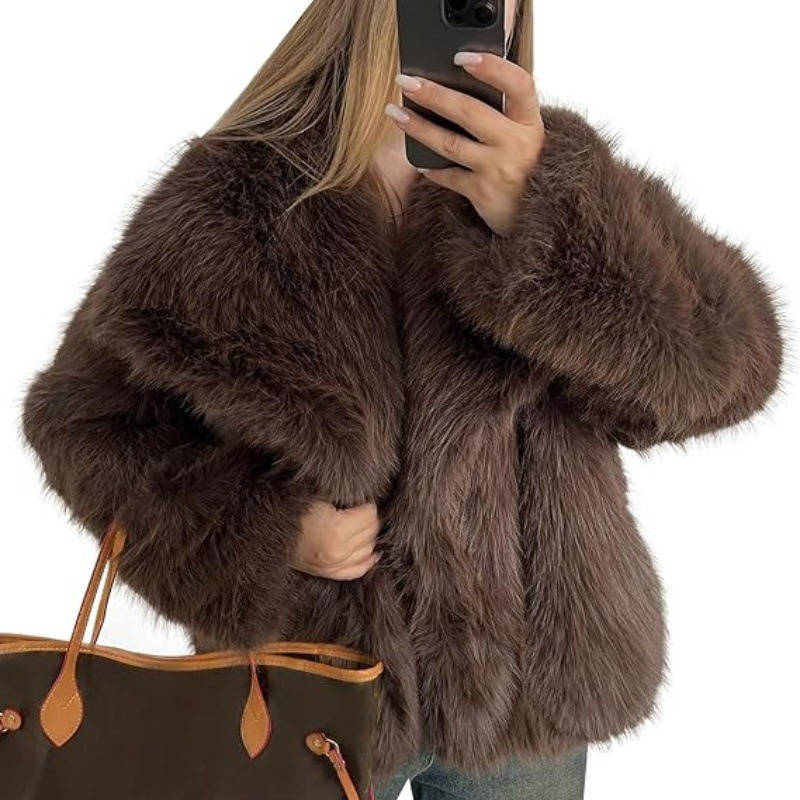 Womens Cropped Faux Fur Jacket, Fluffy Long Sleeve Winter Coat