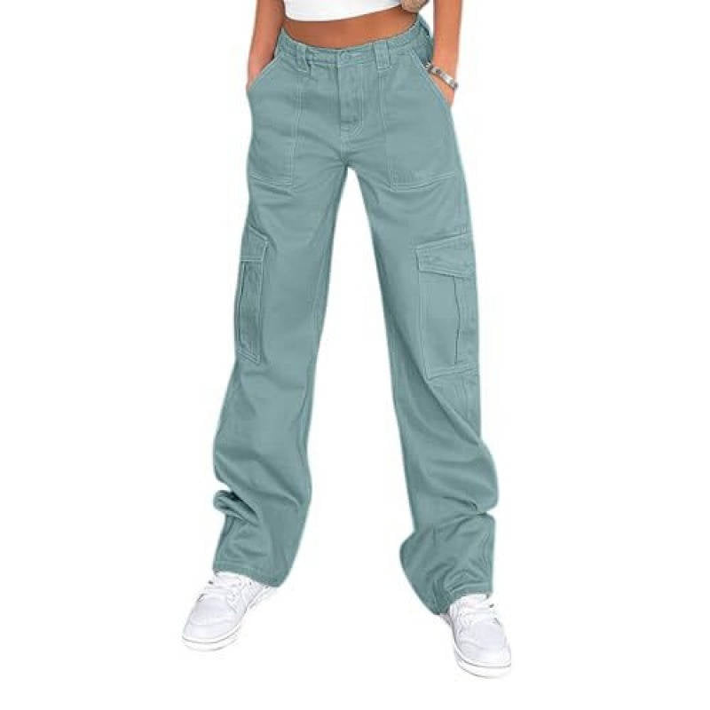 Womens Cargo Pants, High Waisted Wide Leg Baggy Pants, Stretchy Casual Y2K Streetwear with 6 Pockets