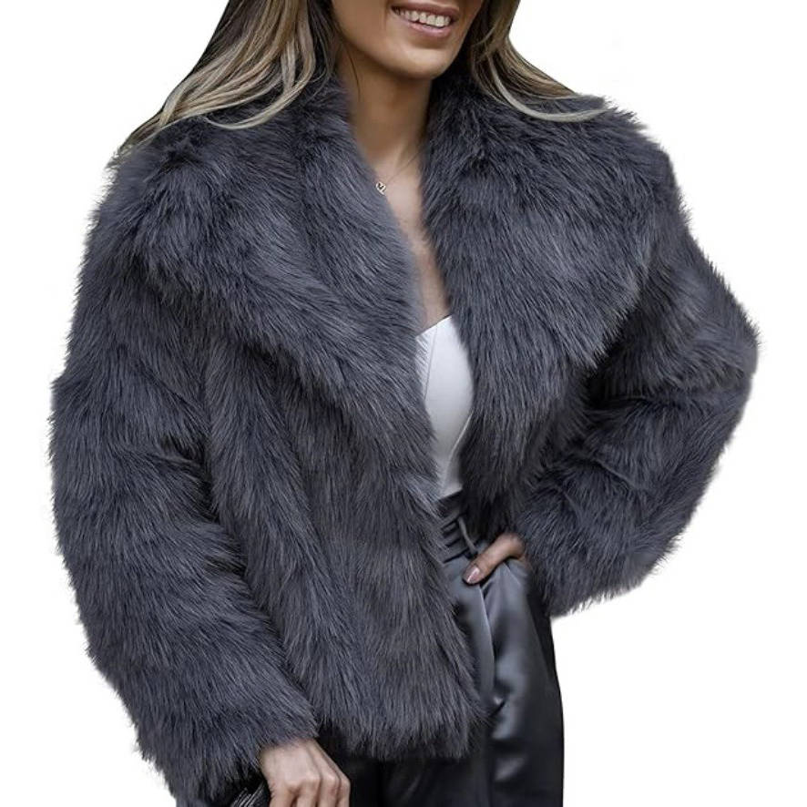 Womens Cropped Faux Fur Jacket, Fluffy Long Sleeve Winter Coat