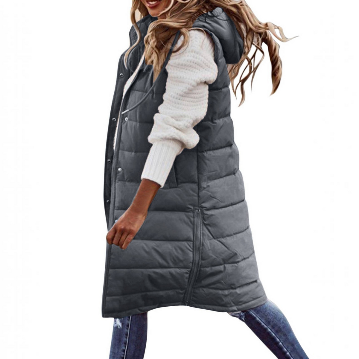 Womens Knee Length Puffer Vest, Hooded Quilted Zip Up Long Vest, Warm Winter Outerwear