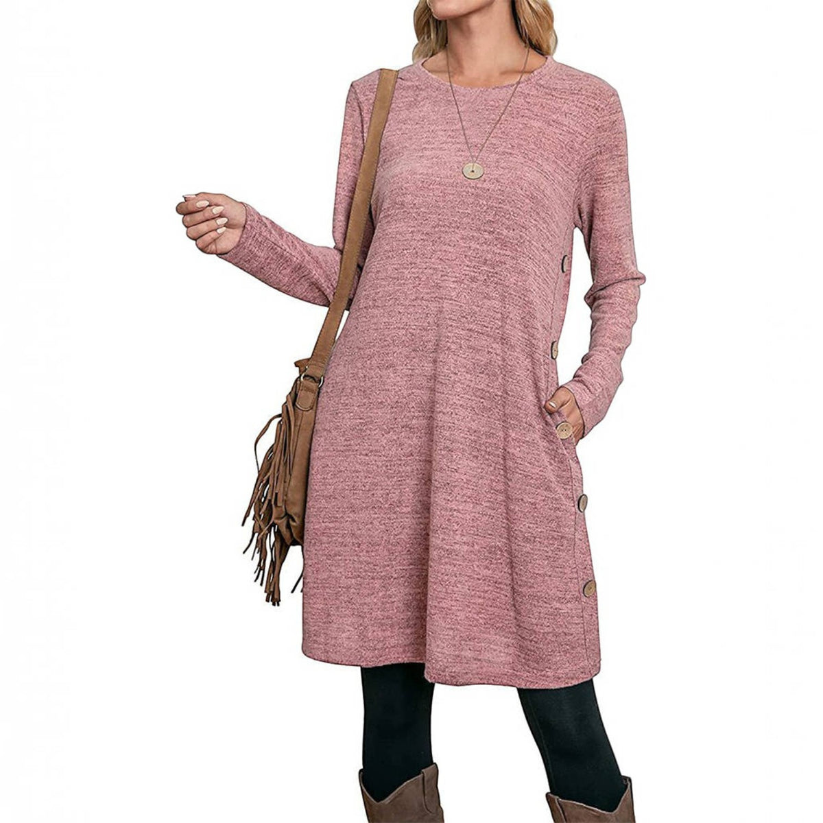 Womens Fall Dress, Crew Neck Long Sleeve Dress, Casual Midi Dress with Pockets