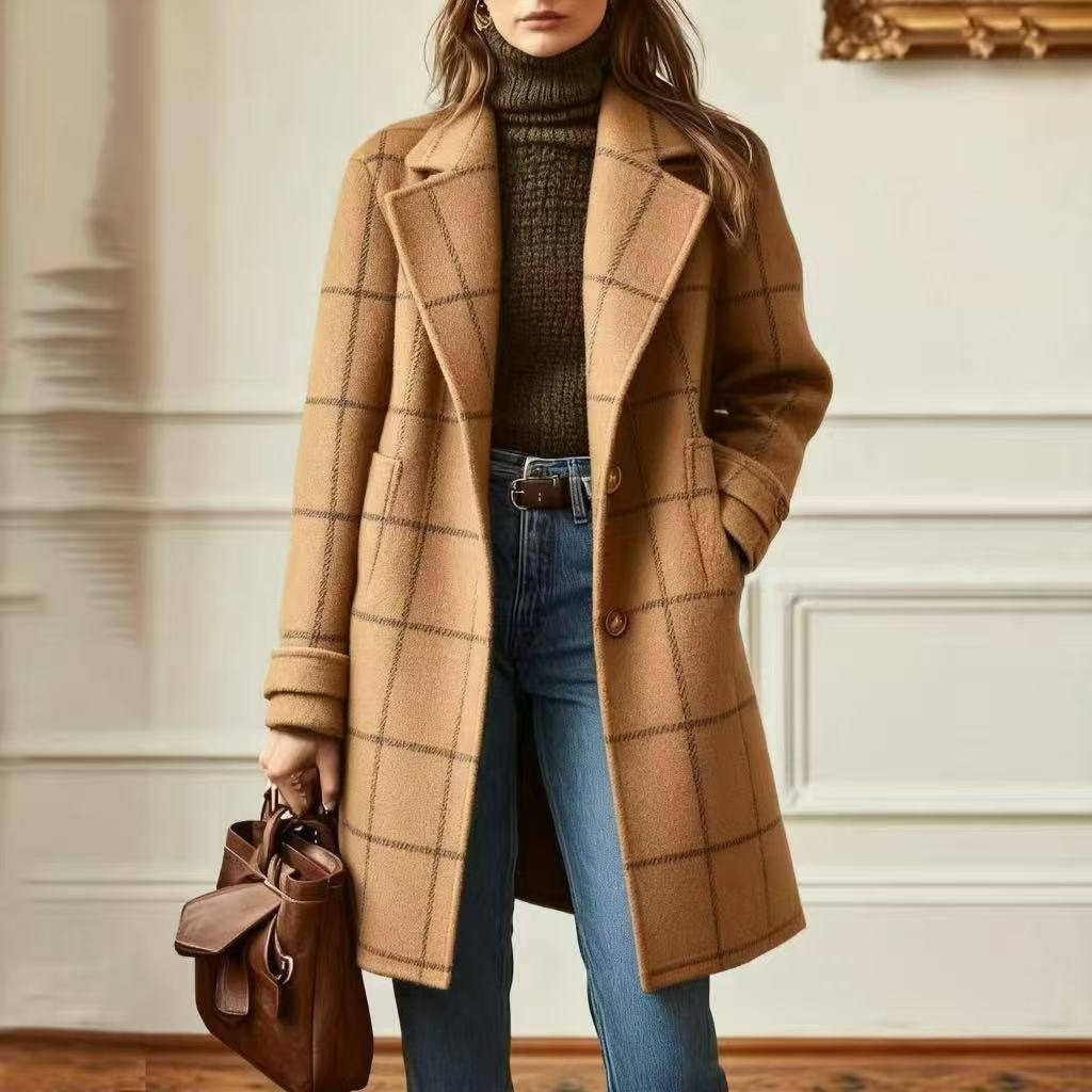 Women's Tweed Coat, Plaid Pattern, Retro Wool Coat with Lapel Collar