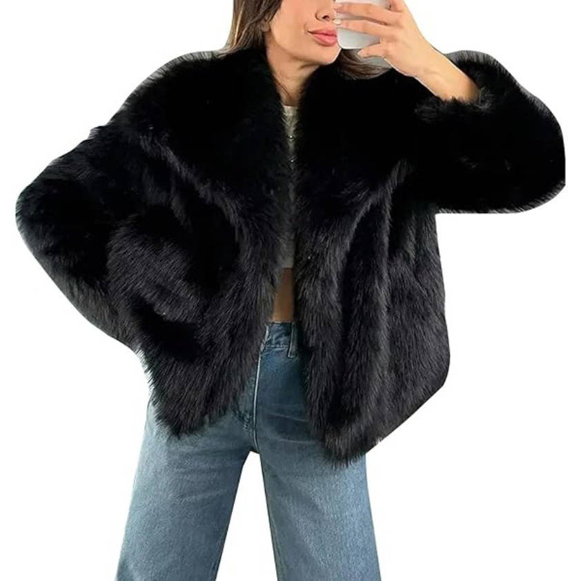 Womens Cropped Faux Fur Jacket, Fluffy Long Sleeve Winter Coat