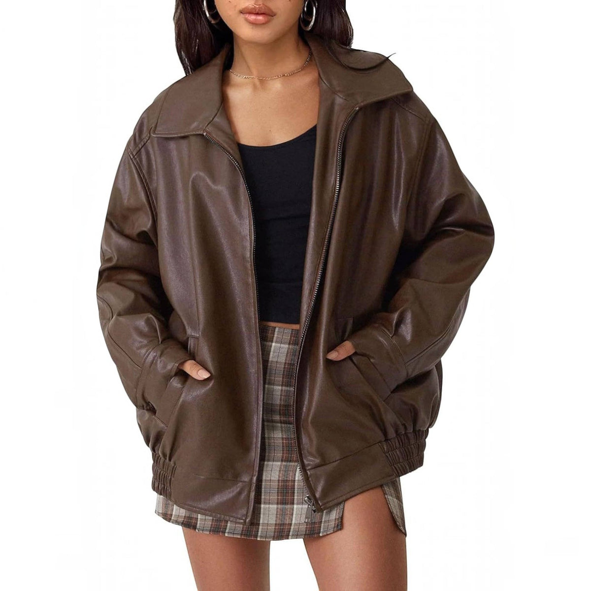 Womens Oversized Faux Leather Jacket, Boyfriend Biker Moto Coat, Medium Weight Fall Winter Outerwear