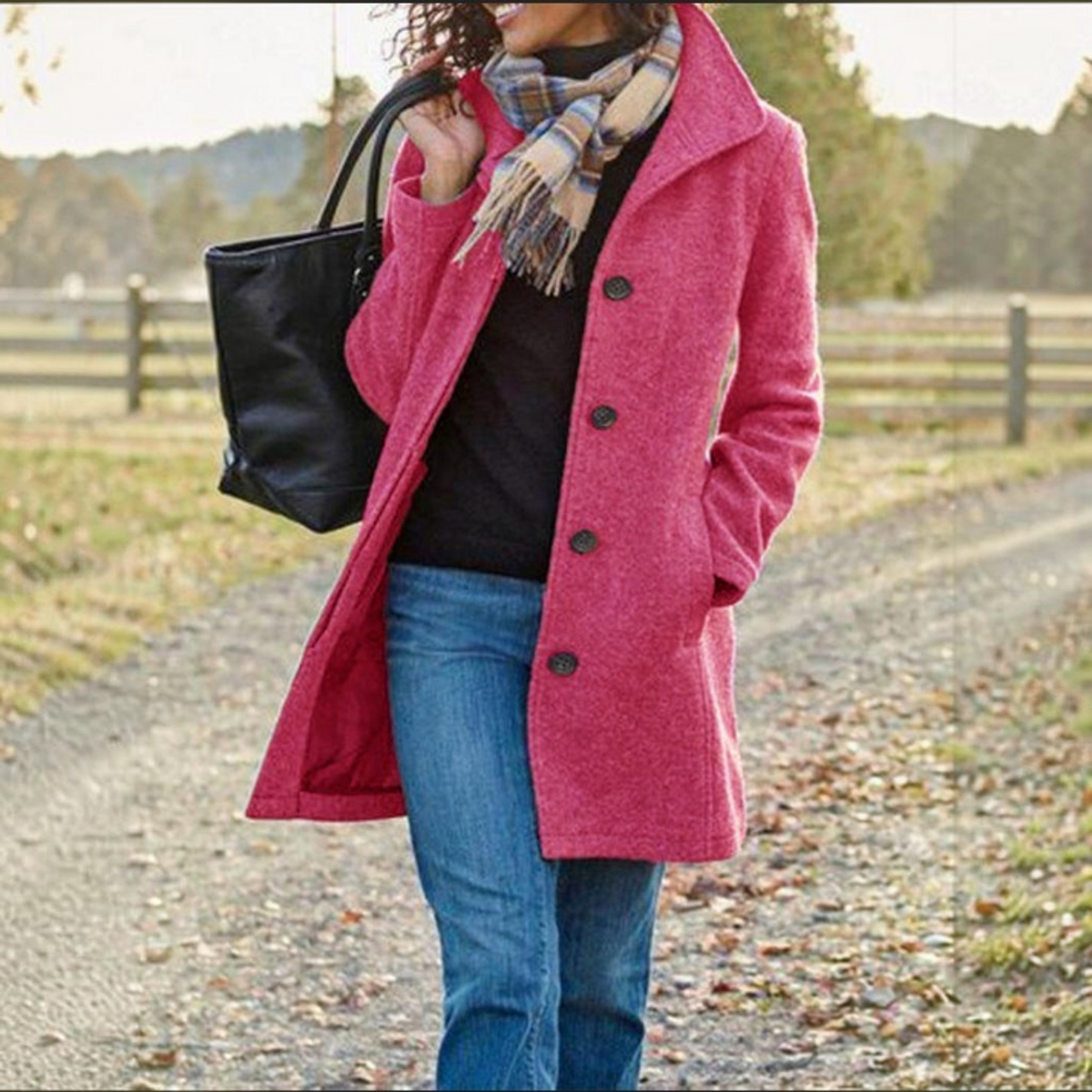 Womens Wool Blend Pea Coat, Button Front, Long Sleeve Winter Jacket