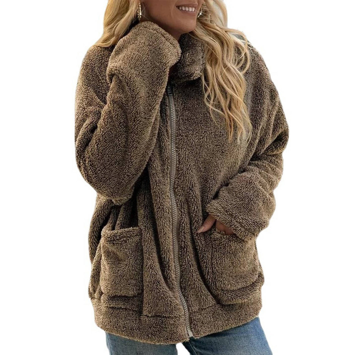 Womens Oversized Sherpa Fleece Coat, Warm Winter Outerwear