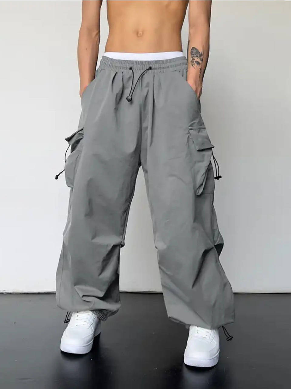 Mens Cargo Pants, Loose Fit Baggy Parachute Pants, Drawstring Waist Casual Trousers