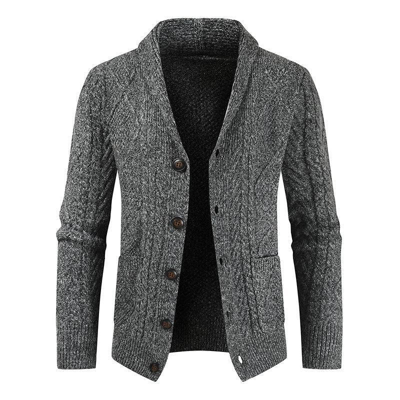 Mens Wool Blend Shawl Collar Cable Knit Cardigan Sweater, Button Front Long Sleeve with Pockets