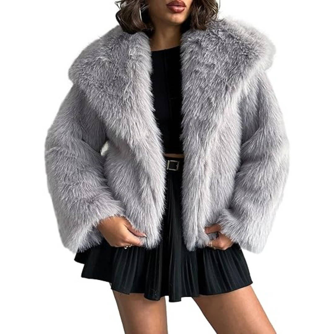 Womens Cropped Faux Fur Jacket, Fluffy Long Sleeve Winter Coat