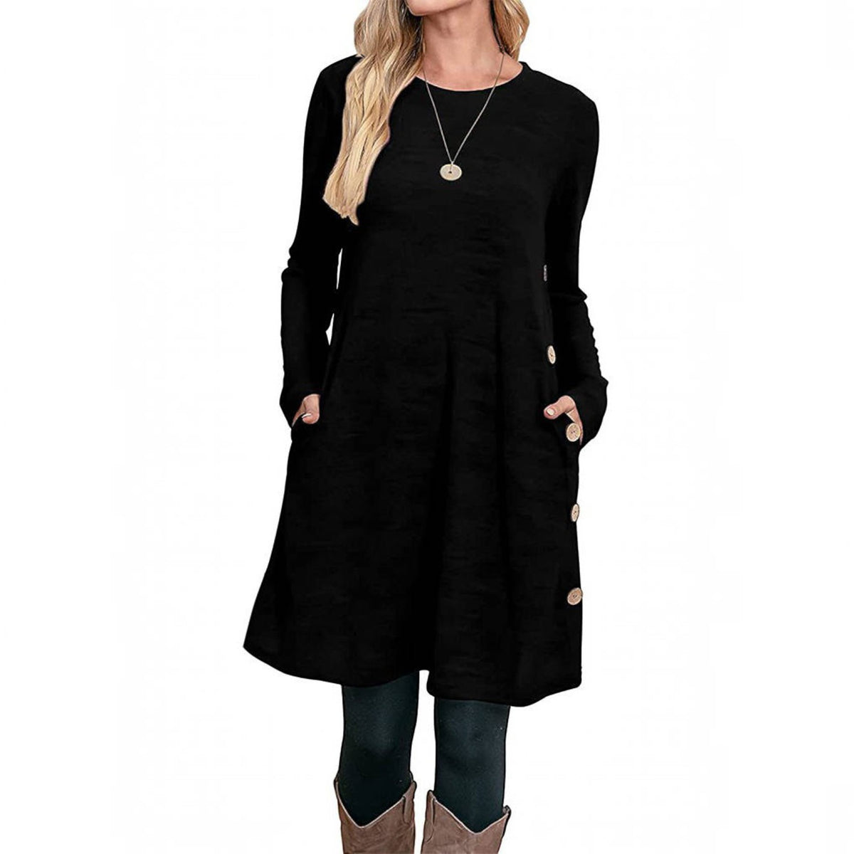 Womens Fall Dress, Crew Neck Long Sleeve Dress, Casual Midi Dress with Pockets
