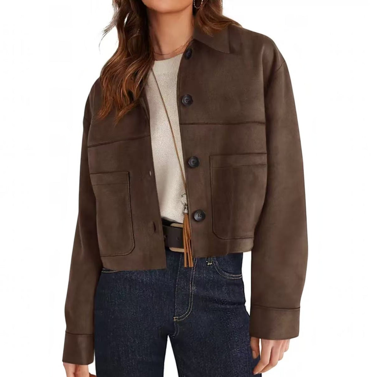 Womens Faux Suede Cropped Jacket, Lightweight Button Down Collared Shacket with Patch Pockets