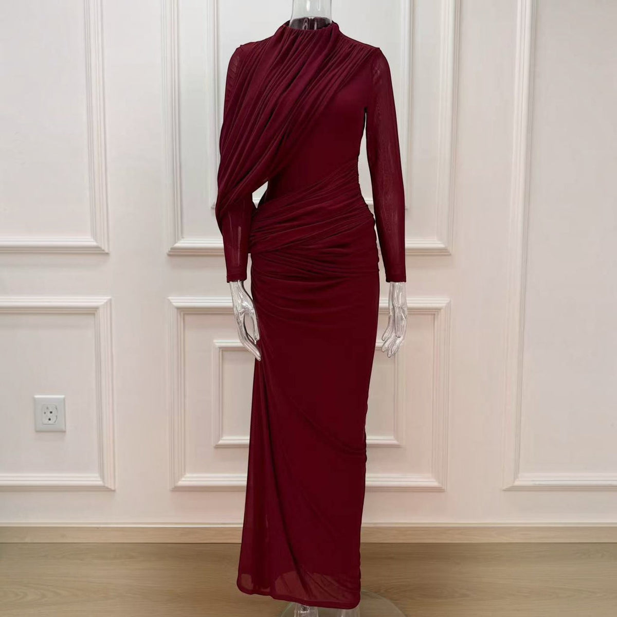 Womens High Neck Maxi Dress, Long Sleeve Draped Wedding Guest Dress, Elegant Formal Evening Dress