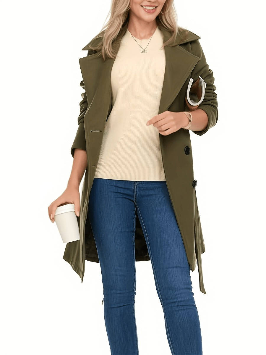 Womens Long Trench Coat, Double Breasted Faux Wool, Winter Coat