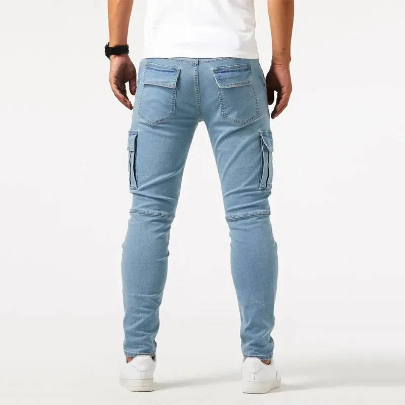 Mens Stretch Jeans Cargo Pants, Slim Fit Multi Pocket Denim Streetwear Trousers