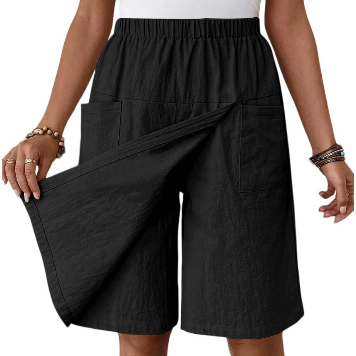 Womens Linen Skort with Elastic Waist and Pockets