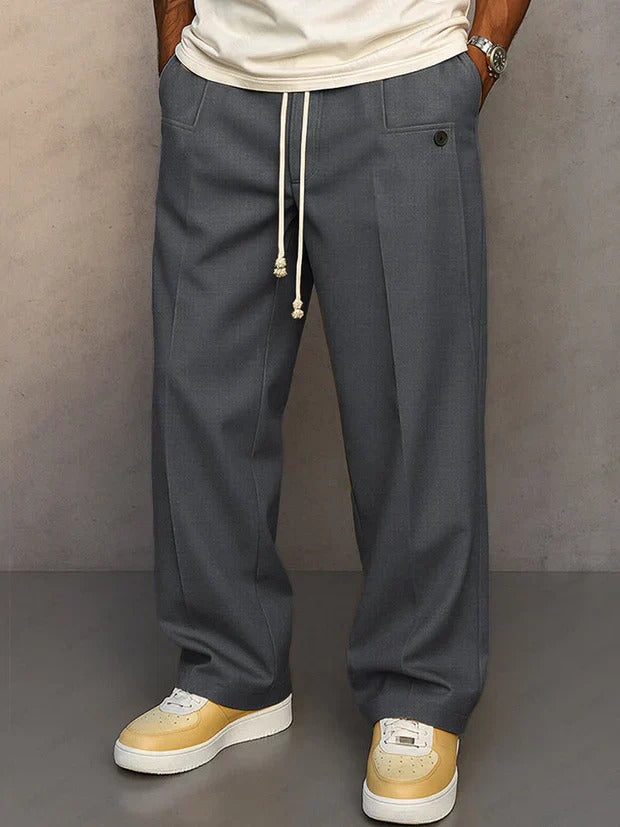 Men's Elegant Wide Leg Pants, Vintage Casual Straight Trousers, Loose Fit Drawstring Pleated Trousers with Pockets
