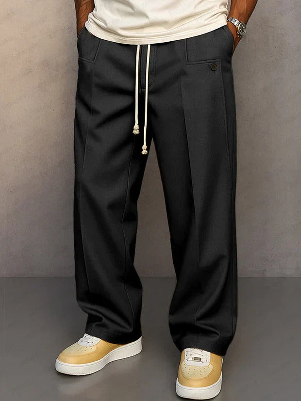 Men's Elegant Wide Leg Pants, Vintage Casual Straight Trousers, Loose Fit Drawstring Pleated Trousers with Pockets
