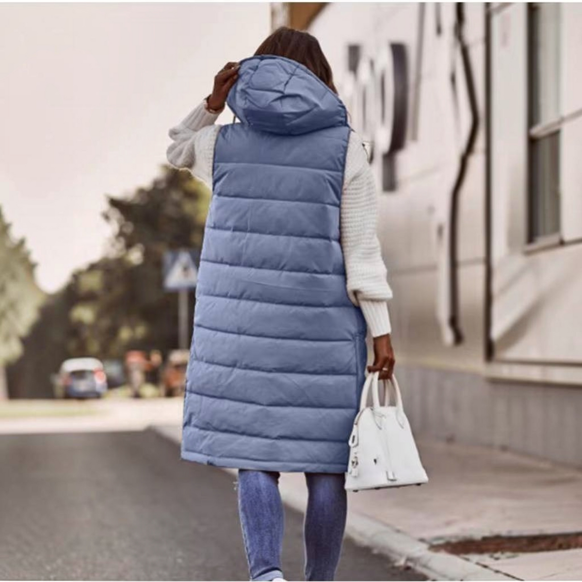 Womens Knee Length Puffer Vest, Hooded Quilted Zip Up Long Vest, Warm Winter Outerwear