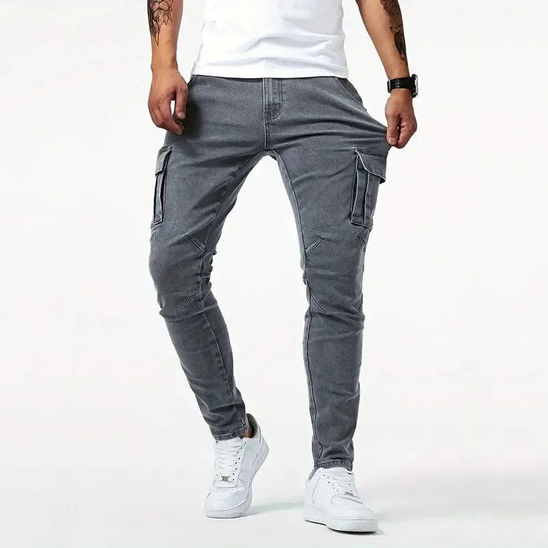 Mens Stretch Jeans Cargo Pants, Slim Fit Multi Pocket Denim Streetwear Trousers