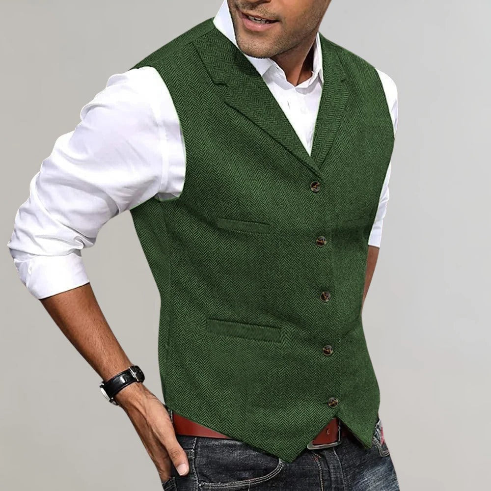 Herringbone Weave Vest with V Neck and Adjustable Back Strap, Slim Fit