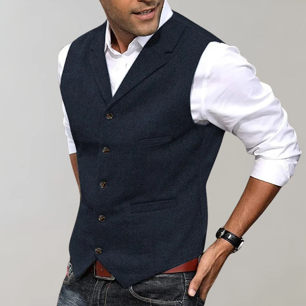 Herringbone Weave Vest with V Neck and Adjustable Back Strap, Slim Fit