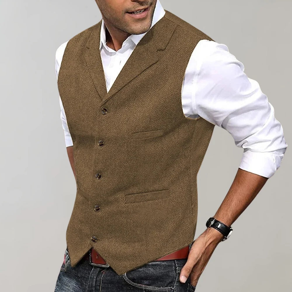 Herringbone Weave Vest with V Neck and Adjustable Back Strap, Slim Fit