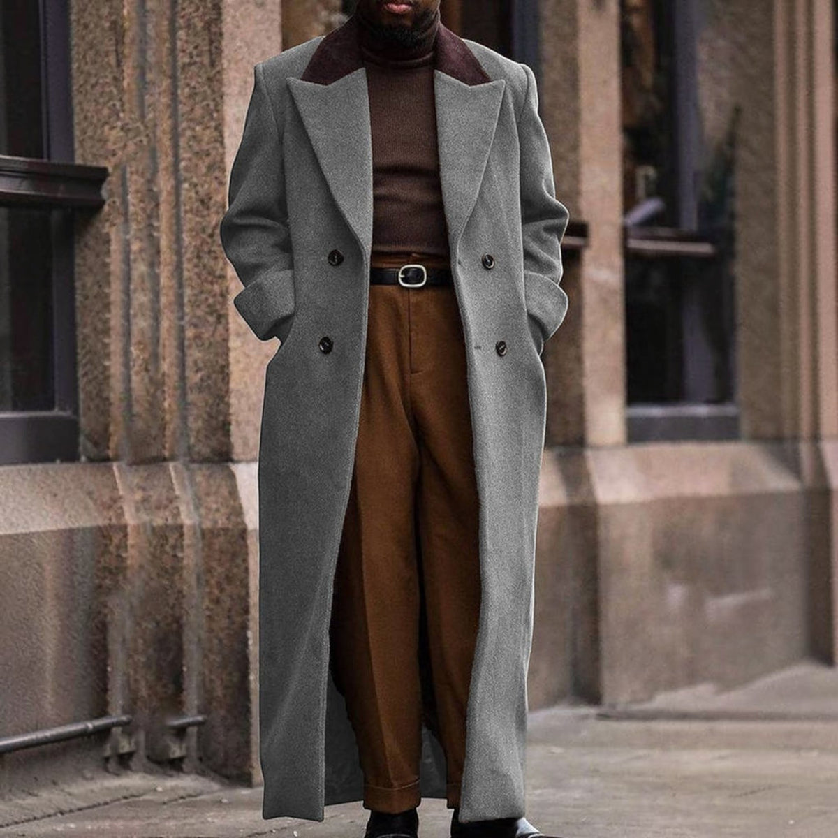 Mens Long Trench Coat, Full Length Double Breasted Overcoat, Classic Winter Coat