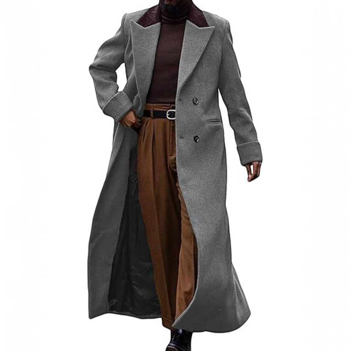Mens Long Trench Coat, Full Length Double Breasted Overcoat, Classic Winter Coat