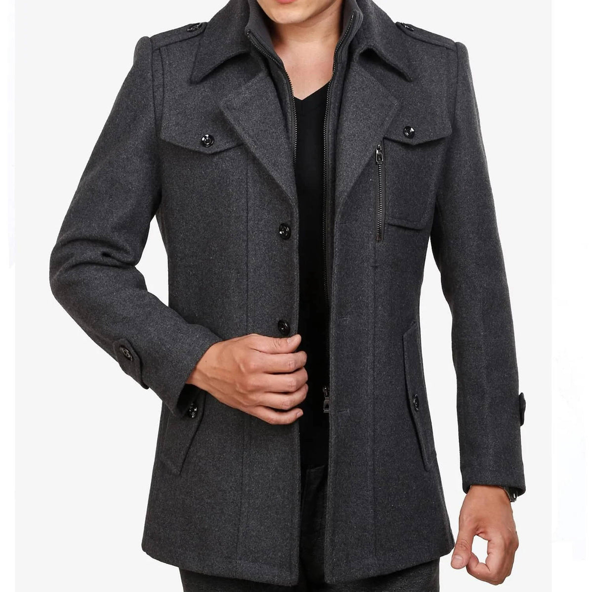 Men's Tweed Wool Coat, Korean Style Business Jacket, Double Neck, Front Zipper & Button Detail