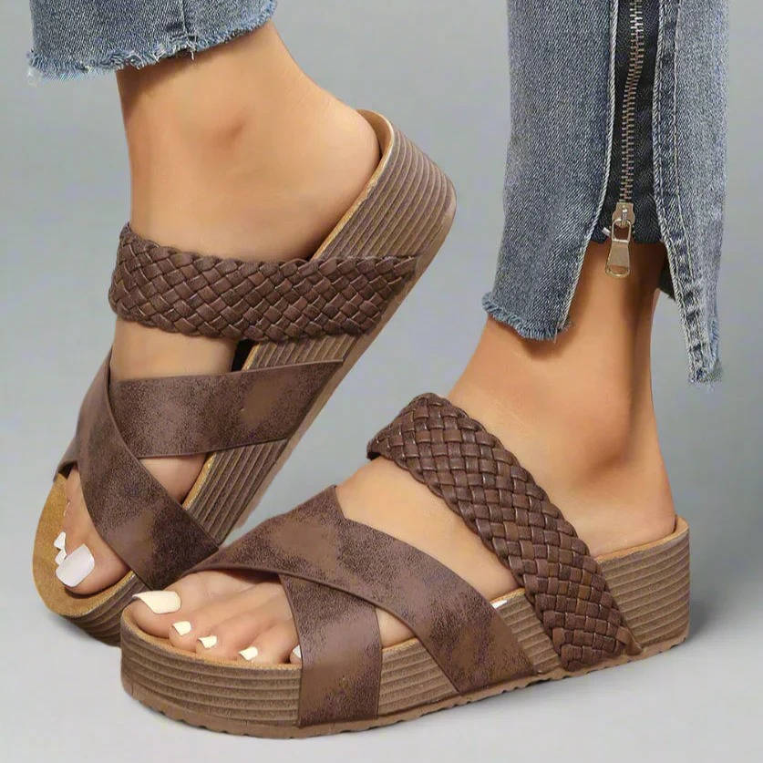 Women's Orthopedic Wedge Sandals, Open Toe Woven Crisscross Slide Shoes, Casual Platform Comfort Summer Slides