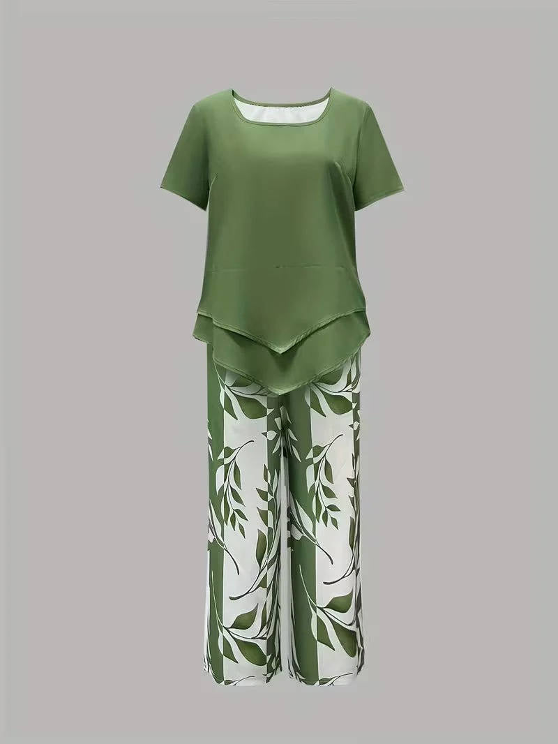 Women's Leaf Print Two Piece Set, Casual Short Sleeve Asymmetric Top and Wide Leg Pants Outfits, Elegant Summer Matching Suit