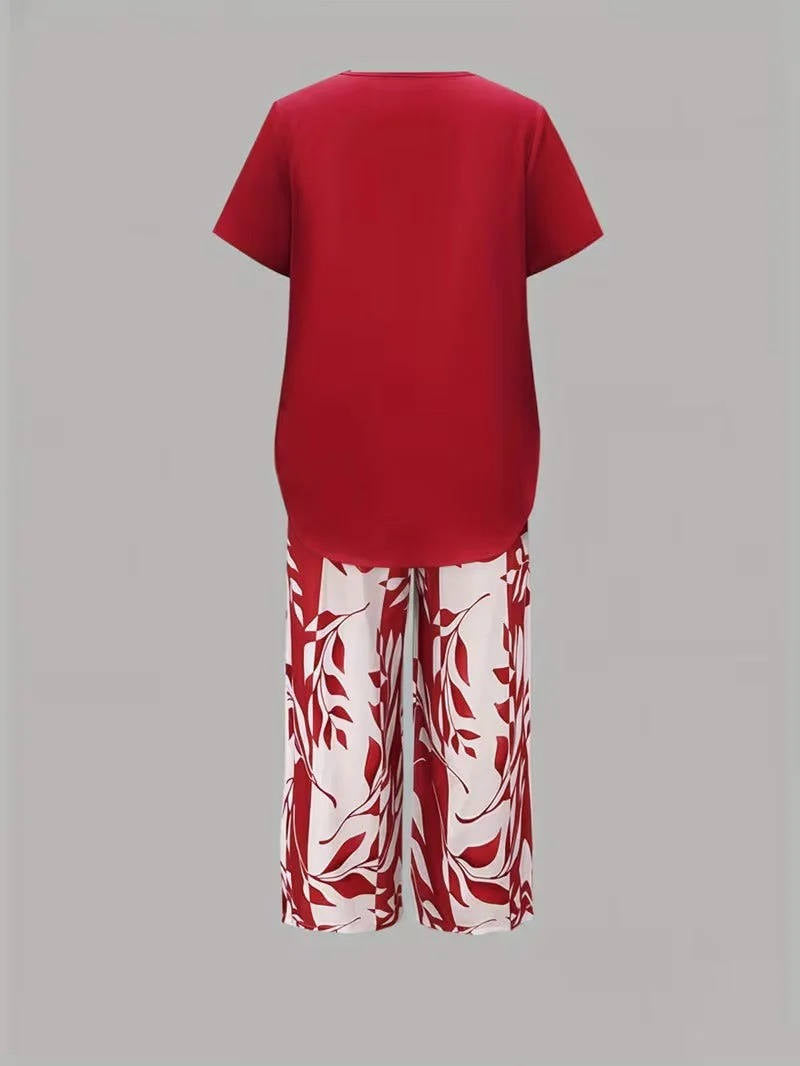 Women's Leaf Print Two Piece Set, Casual Short Sleeve Asymmetric Top and Wide Leg Pants Outfits, Elegant Summer Matching Suit