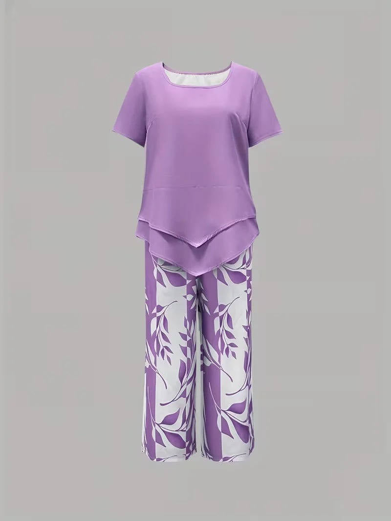 Women's Leaf Print Two Piece Set, Casual Short Sleeve Asymmetric Top and Wide Leg Pants Outfits, Elegant Summer Matching Suit