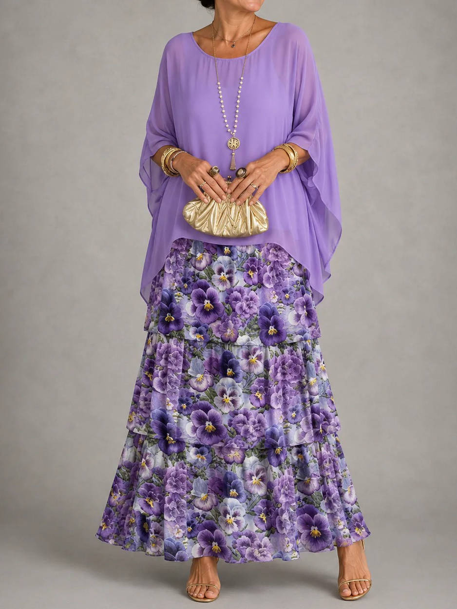 Womens Tiered Maxi Dress, Batwing Sleeve Layered Chiffon Evening Party Gown