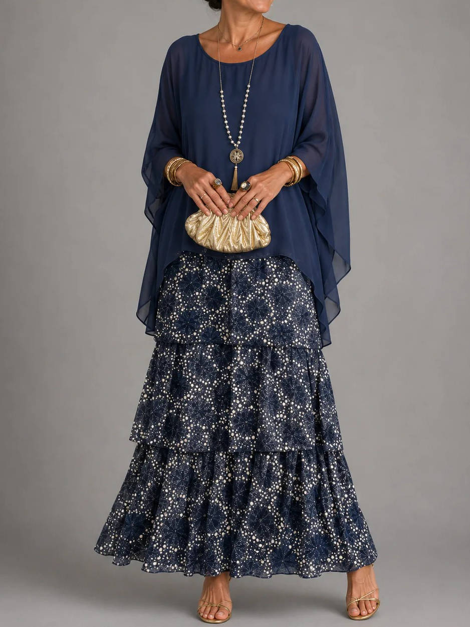 Womens Tiered Maxi Dress, Batwing Sleeve Layered Chiffon Evening Party Gown