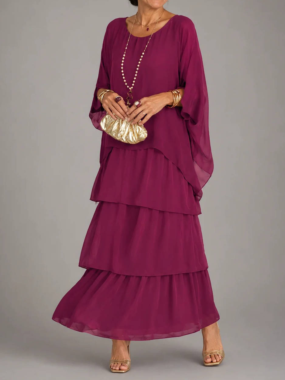 Womens Tiered Maxi Dress, Batwing Sleeve Layered Chiffon Evening Party Gown